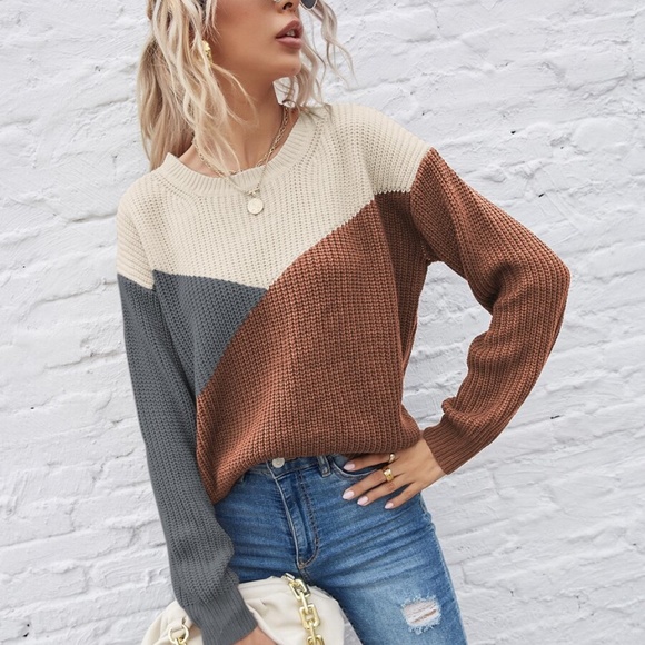 crew neck fall knit multicolor charcoal sweater - Picture 2 of 11